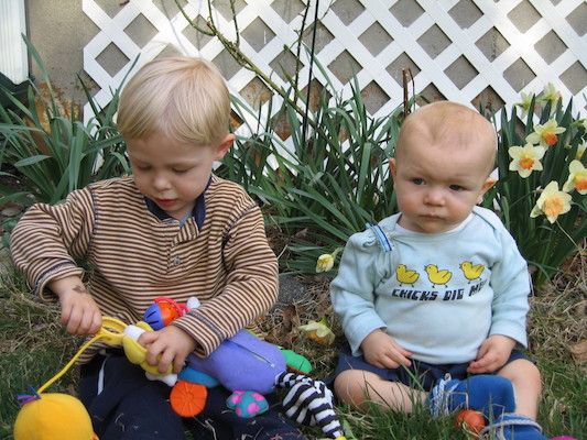 Tim and Cole by the flowers (04-15-2006 18:34)