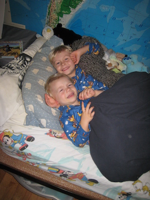 Cole and Tim in monkey jammies (10-17-2007 20:15)