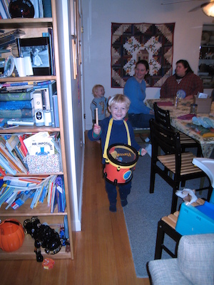 Tim and Cole drumming with Barb and Steph (11-18-2007 18:13)