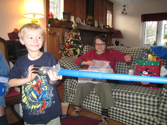 Mommy's Steelers boxers, Tim practicing his saber moves (12-25-2007 10:36)