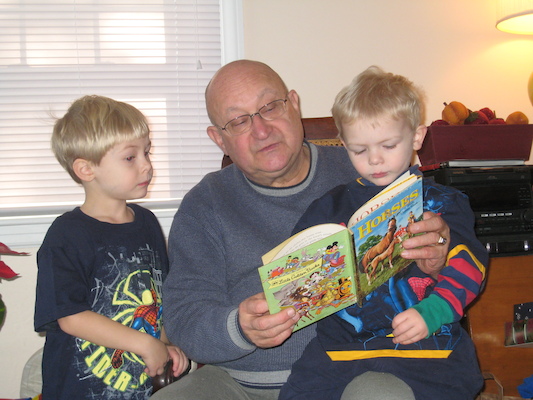 Poppy reading to Tim and Cole (12-25-2007 12:24)