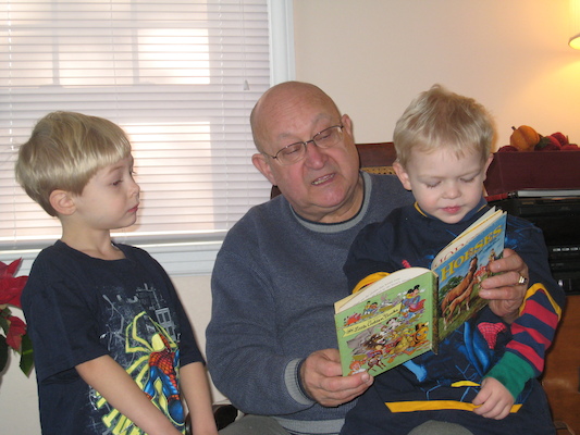 Poppy reading to Tim and Cole (12-25-2007 12:24)