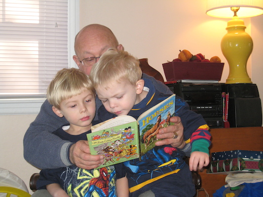 Poppy reading to Tim and Cole (12-25-2007 12:25)
