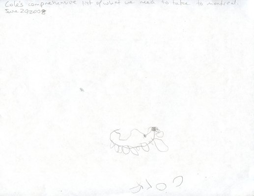 Cole's comprehensive list of what we need to take to Montreal, June 20, 2008