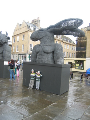 Tim and Cole by a giant bunny statue (07-19-2009 15:25)