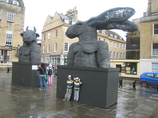 Tim and Cole by a giant bunny statue (07-19-2009 15:25)