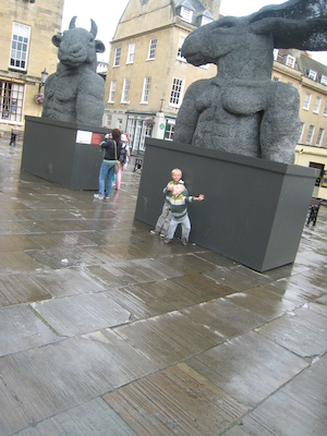 Tim and Cole by a giant bunny statue (07-19-2009 15:25)