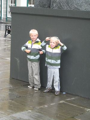 Tim and Cole by a giant bunny statue (07-19-2009 15:25)