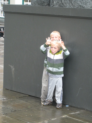 Tim and Cole by a giant bunny statue (07-19-2009 15:25)