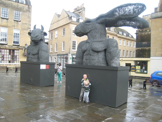 Tim and Cole by a giant bunny statue (07-19-2009 15:25)