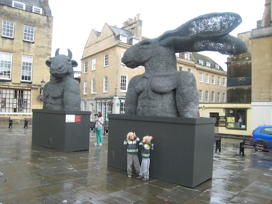 Tim and Cole by a giant bunny statue (07-19-2009 15:25)