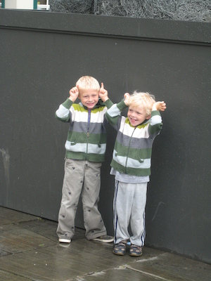 Tim and Cole by a giant bunny statue (07-19-2009 15:25)