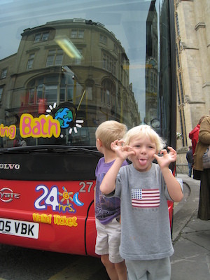 Tim and Cole by a double decker bus (07-20-2009 10:17)