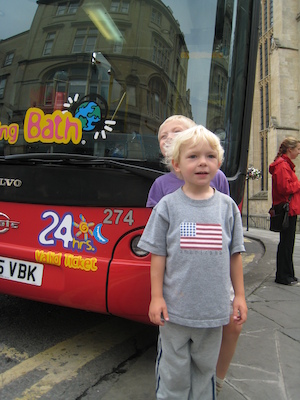 Tim and Cole by a double decker bus (07-20-2009 10:17)