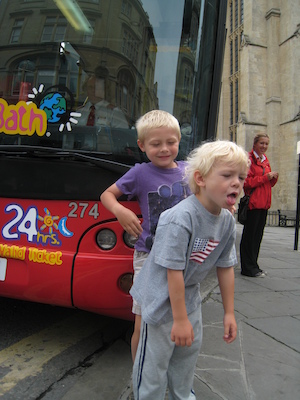 Tim and Cole by a double decker bus (07-20-2009 10:17)