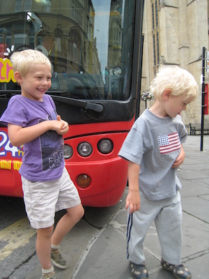 Tim and Cole by a double decker bus (07-20-2009 10:17)
