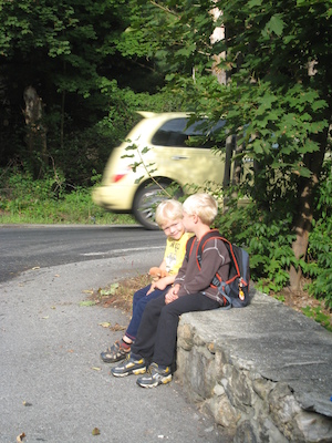 Cole and Tim waiting for the bus (09-14-2009 07:32)