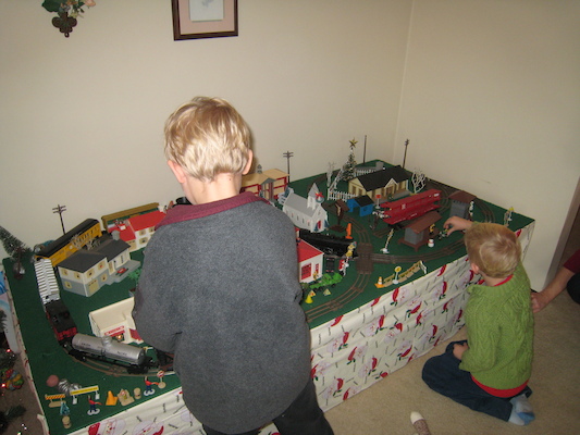 Tim and Cole playing trains (12-26-2009 13:30)