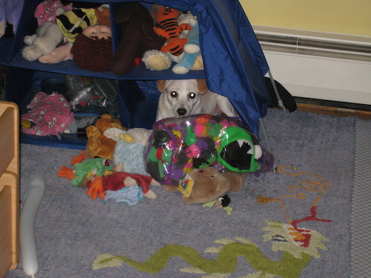 Emily hiding with the stuffed animals (06-23-2010 12:07)