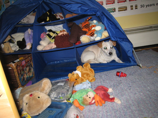Emily hiding with the stuffed animals (06-24-2010 19:12)