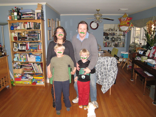 Xine, Ben, Tim, Cole in green moustaches with Emily (03-17-2011 16:14)