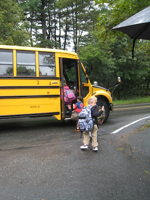 First day of school, boarding the bus (09-06-2011 08:56)
