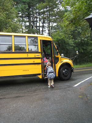 First day of school, boarding the bus (09-06-2011 08:56)