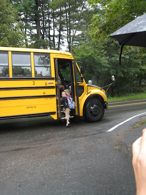 First day of school, boarding the bus (09-06-2011 08:56)