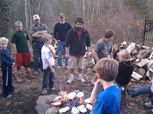 Scout Tim and Cole watching the food cook (11-20-2011 15:37)
