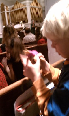 Cole with a platypus for the manger (12-24-2010 16:33)