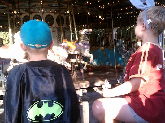 Bat-Cole and Bugs-Tim watching the carousel at 6 flags (07-30-2011 18:35)