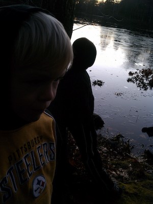 Cole and Tim at Fawn Lake at winter solstice (12-22-2011 07:12)