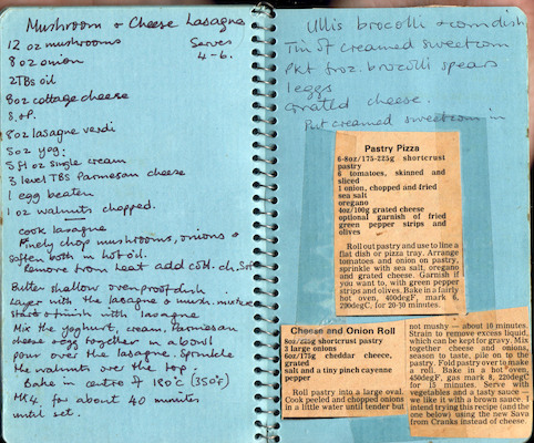 Mushroom & Cheese Lasagne (for 4); Ulli's broccoli & corn dish; Pastry pizza; Cheese and Onion roll