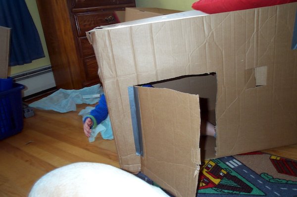Tim hiding from the dog in the cardboard house (03-19-2005 15:22)